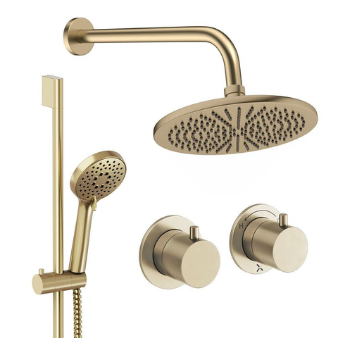 Crosswater MODULE Regendoucheset inbouw - 2 hendels - 30cm douchekop - handdouche - glijstang - wandarm - geborsteld messing (goud) SW1472388