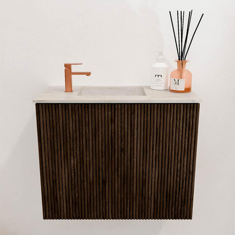 Mondiaz JOYA-DLUX 50cm toiletmeubel - kleur Walnut - Wastafel FAYE positie Links 1 kraangat kleur Ostra. SW1422611