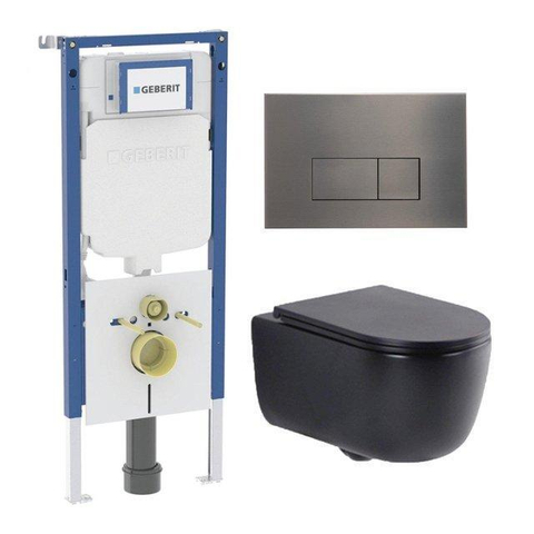 QeramiQ Dely Swirl Toiletset - 36.3x51.7cm - Geberit UP720 Duofix Sigma inbouwreservoir - slim zitting - bedieningsplaat gunmetal - rechthoekige knoppen - mat zwart SW1416861