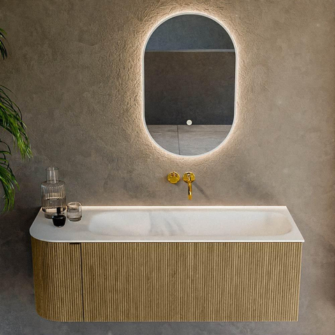 Mondiaz KURVE Ensemble de meuble de salle de bains - 125x46x40cm - 1 tiroir - 1 porte - lavabo solid surface - droite - sans trou de robinet - Dusk SW1414781