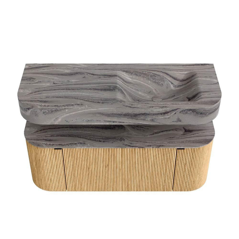 MONDIAZ THOR-DLUX 120cm badmeubel ronding links + rechts kleur Oak met 1 lade en 2 deuren. Vrijhangende wastafel CLOUD Rechts zonder kraangat kleur Sombra. SW1463649