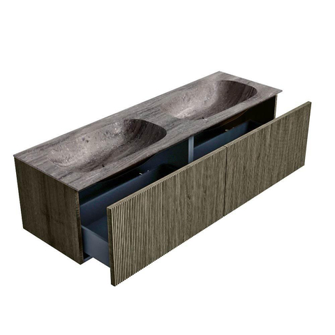 MONDIAZ KURVE-DLUX Meuble de salle de bains 150 cm couleur Shadow avec 2 tiroirs et 0 portes. Lavabo STOR SMALL Double 2 trous de robinet Oza. SW1432949