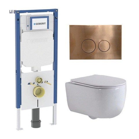 QeramiQ Dely Swirl Toiletset - 36.3x51.7cm - diepspoel - rimless - Geberit UP720 Duofix Sigma inbouwreservoir - slim zitting - koperen bedieningsplaat - ronde knoppen - mat wit SW1414027