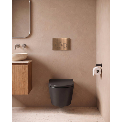 QeramiQ Dely Ensemble WC - 36.3x51.7cm - chasse profonde - sans bride - réservoir encastré Geberit UP720 - abattant WC softclose - 35mm - plaque de commande couleur cuivre - boutons ronds - noir mat SW1427110