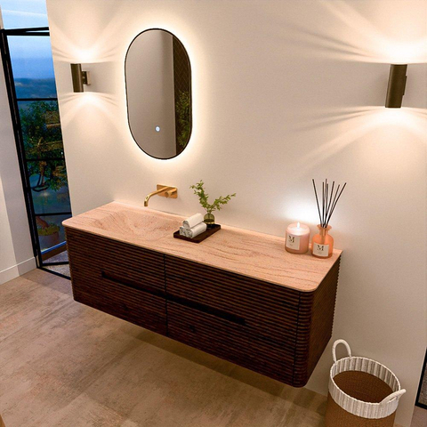 Mondiaz CIRO-DLUX Meuble de salle de bains - 150x45x50cm - Plan vasque Solid surface Saba - 1 lavabo à gauche - sans trous de robinetterie - 4 tiroirs - Noyer SW1530711