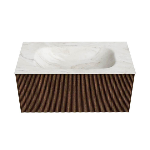 MONDIAZ KURVE-DLUX Meuble de salle de bains 90 cm couleur Walnut avec 1 tiroir. Vasque BIG SMALL centrale 1 trou de robinet couleur Ostra. SW1137833