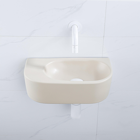 QeramiQ Fuente pack lave-mains – demi-rond – 40 x 21,5 x 12 cm – céramique beige – sans perçage – robinet blanc mat SW1233093