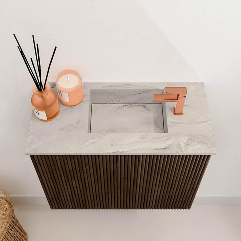 Mondiaz JOYA-DLUX 50cm toiletmeubel - kleur Walnut - Wastafel FAYE positie Rechts 1 kraangat kleur Glace. SW1422348