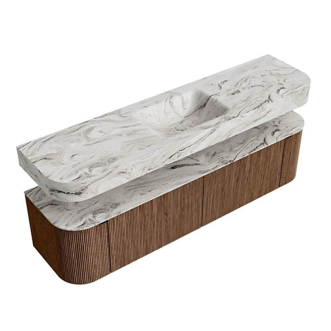 MONDIAZ THOR-DLUX 180cm badmeubel ronding links + rechts kleur Walnut met 2 lades en 2 deuren. Vrijhangende wastafel CLOUD Midden zonder kraangat kleur Glace. SW1465941