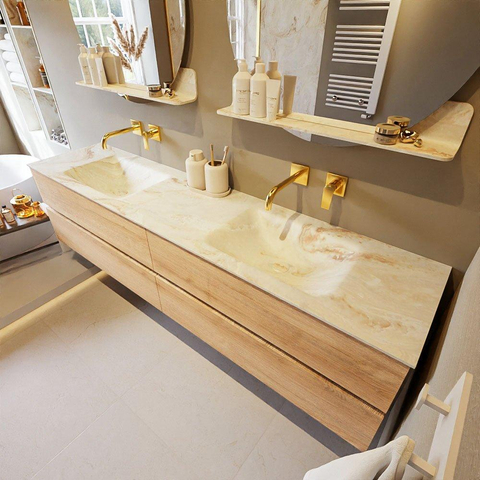MONDIAZ VICA-DLUX Ensemble meuble de salle de bains - 200cm - meuble bas Washed oak - 4 tiroirs - lavabo encastré cloud double - sans trous de robinet - version haute 60cm - frape SW1088814