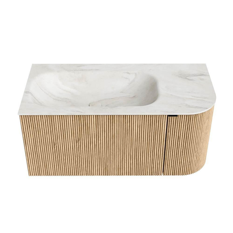 MONDIAZ KURVE-DLUX Meuble de salle de bains 95 cm avec module 25 R couleur Oak avec 1 tiroir et 1 porte. Lavabo BIG SMALL gauche sans trou de robinet couleur Ostra. SW1137713