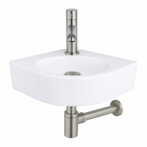QeramiQ Fuente Pack Lave-mains d'angle - 30x30x10cm - 1 trou de robinet - céramique - robinet Inox brossé - Blanc brillant SW1111512