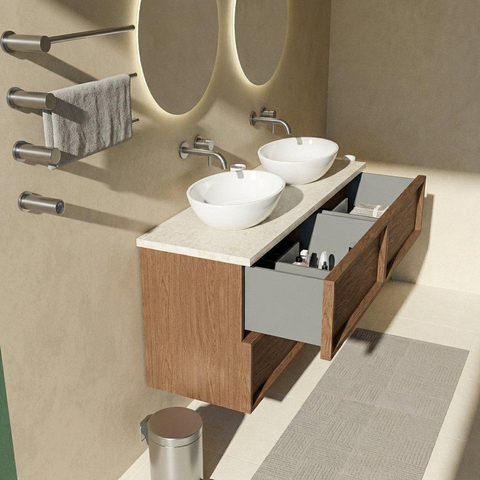 Saniclass Holz Frame Badkamermeubelset - 140x45x63cm - Travertine natuurstenen topblad - zonder kraangat - 4 lades - glans walnut pure (hout) SW1580043