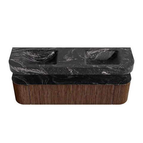 MONDIAZ THOR-DLUX 170cm meuble de salle de bains arrondi gauche + droite couleur Walnut avec 1 tiroir et 2 portes. Vasque suspendue CLOUD Double 2 trous de robinet couleur Lava. SW1465590
