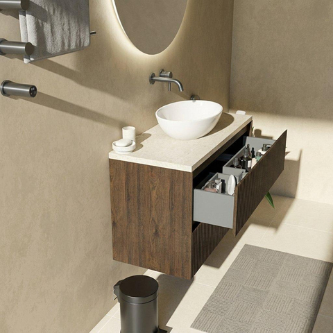 Saniclass Holz Atelier Badkamermeubelset - 100x45x63cm - Travertine natuurstenen topblad - zonder kraangat - 2 lades - mat eiken charcoal (hout) SW1478852