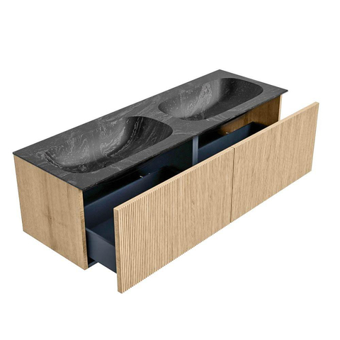 MONDIAZ KURVE-DLUX Meuble de salle de bains 140 cm couleur Oak avec 2 tiroirs. Lavabo STOR SMALL double 2 trous de robinet couleur Lava. SW1137211