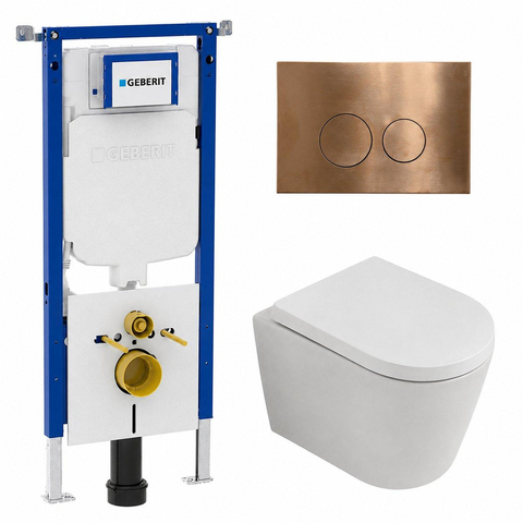 QeramiQ Dely Toiletset - 36.3x51.7cm - diepspoel - rimless - Geberit UP720 inbouwreservoir - softclose toilet zitting - 35mm - koperen bedieningsplaat - ronde knoppen - mat wit SW1428008