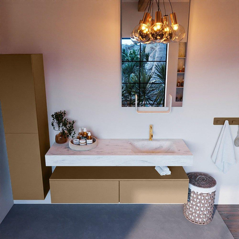 Mondiaz ALAN-DLUX Ensemble de meuble - 150cm - meuble Oro mat - 2 tiroirs - Lavabo Cloud Opalo suspendu - vasque Droite - 1 trou de robinet SW807342