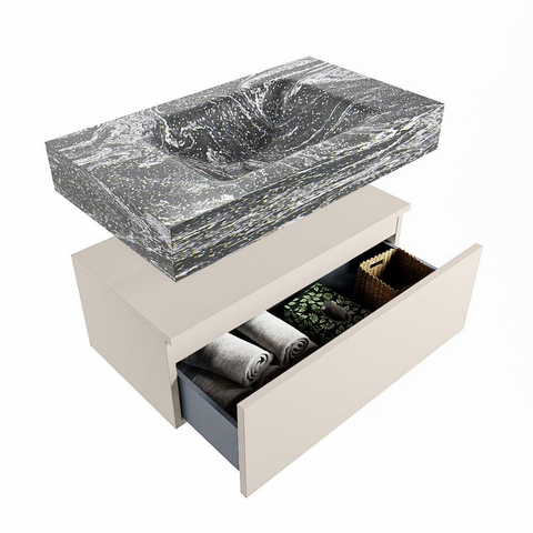 Mondiaz ALAN-DLUX Ensemble de meuble - 80cm - meuble Linen mat - 1 tiroir - Lavabo Cloud Lava suspendu - vasque Centre - 0 trous de robinet SW808132