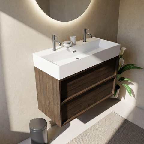 Saniclass Holz Frame Ensemble de meubles de salle de bains - 100x45x72cm - Legend lavabo en céramique blanc - 1 vasque - 2 trous de robinet - 2 tiroirs - chêne charcoal mat (bois) SW1579884