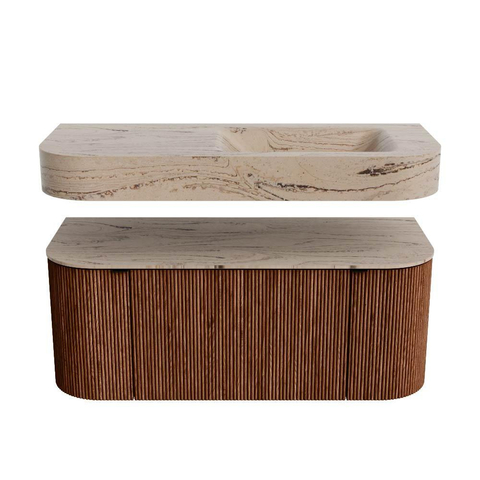 MONDIAZ THOR-DLUX 110cm meuble de salle de bains arrondi gauche + droite couleur Ruby avec 1 tiroir et 2 portes. Vasque suspendue CLOUD droite sans trou de robinet couleur Arena. SW1462904