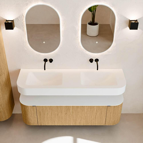 MONDIAZ THOR 150cm badmeubel ronding links + rechts kleur Oak met 1 lade en 2 deuren. Vrijhangende wastafel CLOUD Dubbel zonder kraangat kleur Talc. SW1464564
