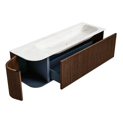 MONDIAZ KURVE-DLUX 145cm badmeubel met module 25 L kleur Walnut met 1 lade en 1 deur. Wastafel BIG LARGE rechts zonder kraangat kleur Ostra. SW1137876