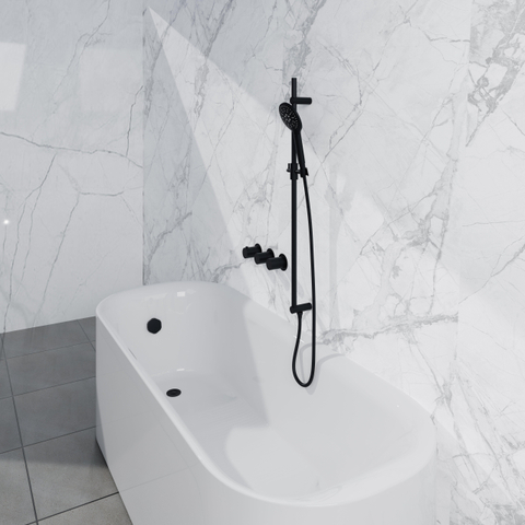 Fortifura Nebbio Ensemble combiné bain - mitigeur thermostatique - barre coulissante avec coude mural intégré - flexible de douche métallique - douchette ronde - Remplissage-vidage de baignoire - noir mat SW1238044