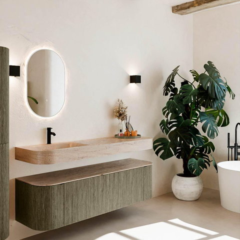 MONDIAZ THOR-DLUX 160cm meuble de salle de bains arrondi gauche + droite couleur Shadow avec 1 tiroir et 2 portes. Vasque suspendue CLOUD Gauche 1 trou de robinet couleur Saba. SW1465353