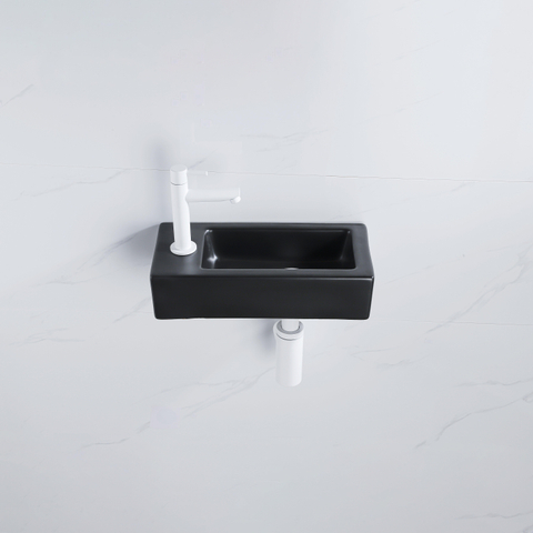 QeramiQ Fuente fonteinset – 37.5x18.5x9 cm – keramiek zwart mat – kraangat links – mat witte kraan SW1232739