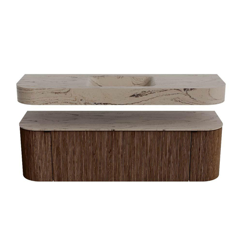 MONDIAZ THOR-DLUX 150cm badmeubel ronding links + rechts kleur Walnut met 1 lade en 2 deuren. Vrijhangende wastafel CLOUD Midden zonder kraangat kleur Arena. SW1464718