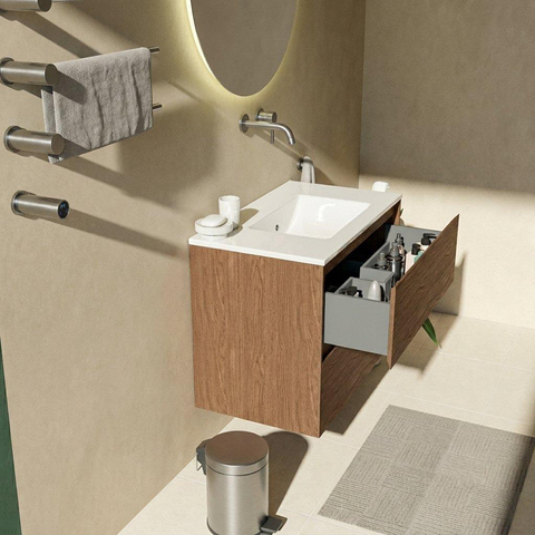Saniclass Holz Pure Badkamermeubelset - 80x45x62cm - Vygo keramische wastafel wit - 1 wasbak - zonder kraangat - 2 lades - mat walnut pure (hout) SW1441876