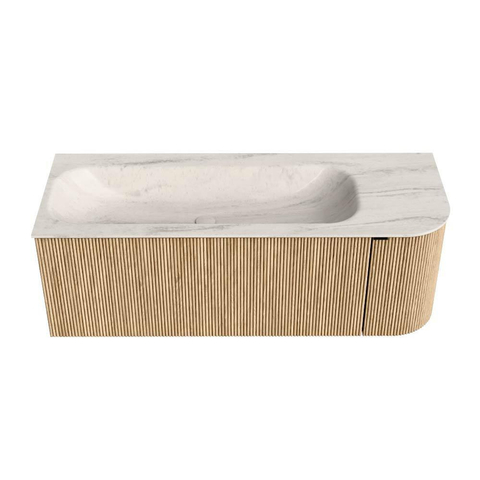 MONDIAZ KURVE-DLUX Meuble de salle de bains 125cm arrondi à droite couleur Chêne avec 1 tiroir et 1 porte. Lavabo BIG MEDIUM à gauche 1 trou de robinet Meli. SW1431602