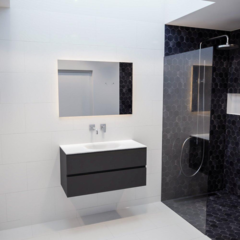 MONDIAZ VICA Ensemble de meuble salle de bain - 100cm - 2 tiroirs - lavabo Moon central - 0 trous de robinet - solid surface gris foncé SW409715