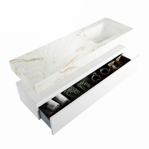 Mondiaz ALAN-DLUX Ensemble de meuble - 150cm - meuble Talc mat - 1 tiroir - Lavabo Cloud Frappe suspendu - vasque Droite - 1 trou de robinet SW804714