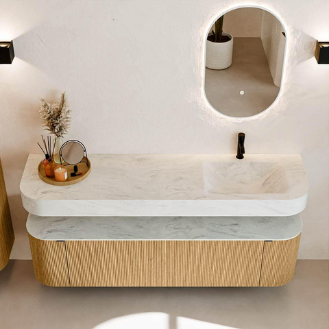 MONDIAZ THOR-DLUX Meuble de salle de bains 170cm arrondi gauche + droite couleur Oak avec 1 tiroir et 2 portes. Vasque suspendue CLOUD Droite 1 trou de robinet couleur Opalo. SW1465433