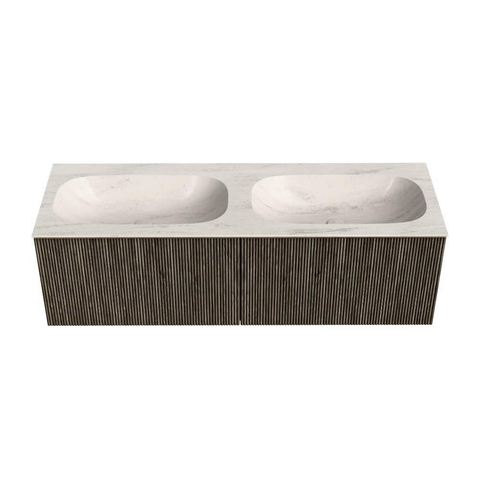 MONDIAZ KURVE-DLUX Meuble de salle de bains 140 cm couleur Shadow avec 2 tiroirs et 0 porte. Lavabo STOR SMALL Double sans trou de robinet Meli. SW1431836