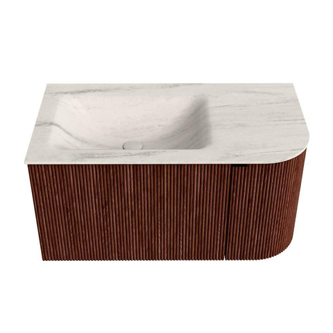 MONDIAZ KURVE-DLUX Meuble de salle de bains 85cm arrondi à droite couleur Ruby avec 1 tiroir et 1 porte. Lavabo CLOUD gauche sans trou de robinet Meli. SW1431944