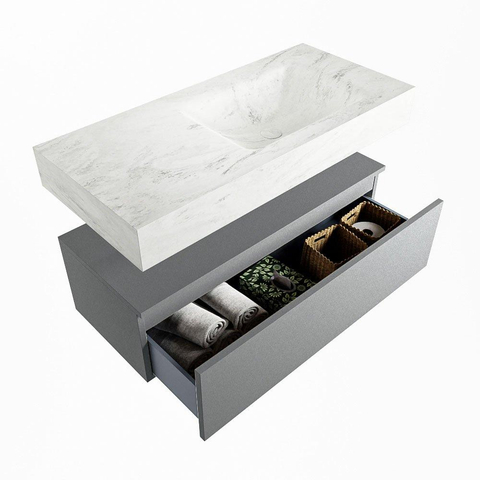 Mondiaz ALAN-DLUX Ensemble de meuble - 100cm - meuble Plata mat - 1 tiroir - Lavabo Cloud Opalo suspendu - vasque Droite - 1 trou de robinet SW807215