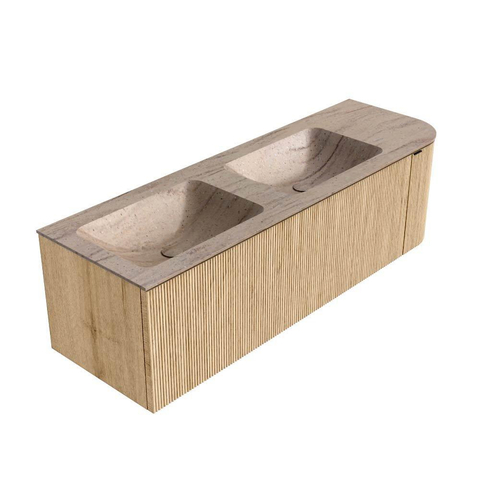 MONDIAZ KURVE-DLUX 145cm meuble de salle de bains arrondi Droite couleur Chêne avec 1 tiroir et 1 porte. Lavabo LEAF Double / Gauche sans trou de robinet Saba. SW1433101