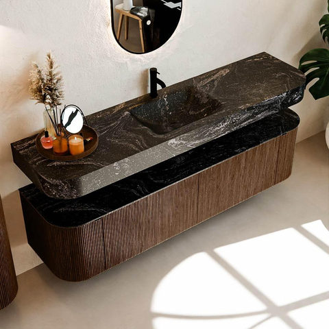MONDIAZ THOR-DLUX 180cm meuble de salle de bains arrondi gauche + droite couleur Walnut avec 2 tiroirs et 2 portes. Vasque suspendue CLOUD Milieu 1 trou de robinet couleur Lava. SW1465960