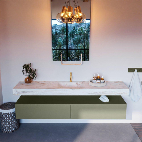 Mondiaz ALAN-DLUX Ensemble de meuble - 200cm - meuble Army mat - 2 tiroirs - Lavabo Cloud Frappe suspendu - vasque Centre - 1 trou de robinet SW804851