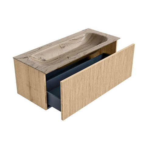 MONDIAZ KURVE-DLUX Meuble de salle de bains 110cm couleur Oak avec 1 tiroir et 0 porte. Lavabo BIG MEDIUM Central sans trou de robinet Arena. SW1431124