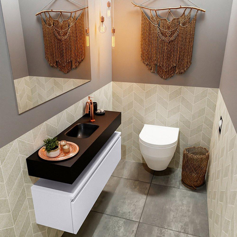 MONDIAZ ANDOR Toiletmeubel - 100x30x30cm - 1 kraangat - 1 lades - cale mat - wasbak midden - Solid surface - Zwart SW474717