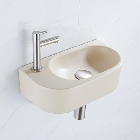 QeramiQ Fuente pack lave-mains – 40 x 21,5 x 12 cm – céramique beige – perçage à gauche – robinet inox brossé SW1232815