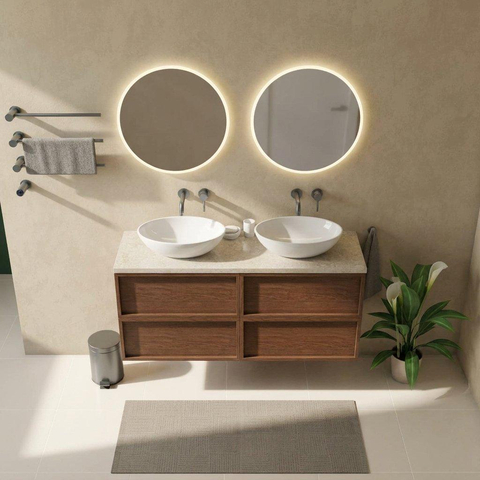 Saniclass Holz Frame Badkamermeubelset - 140x45x63cm - Travertine natuurstenen topblad - zonder kraangat - 4 lades - glans walnut pure (hout) SW1580043