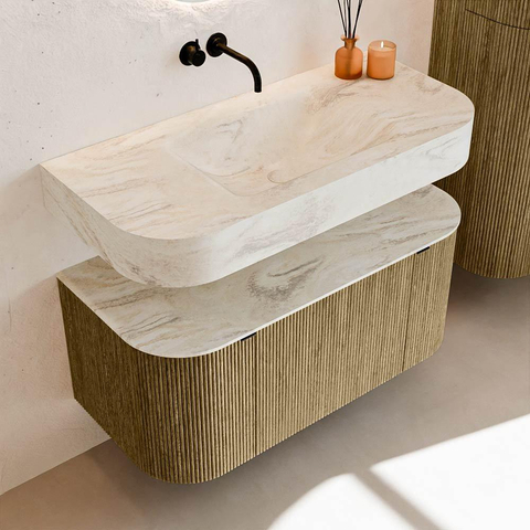 MONDIAZ THOR-DLUX 100cm meuble de salle de bains arrondi gauche + droite couleur Dusk avec 1 tiroir et 2 portes. Vasque suspendue CLOUD Centre sans trou de robinet couleur Ostra. SW1467353