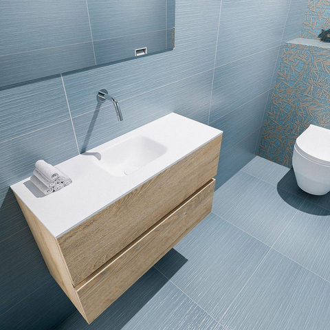 MONDIAZ ADA Toiletmeubel 80x30x50cm met 0 kraangaten 2 lades washed oak mat Wastafel Lex midden Solid Surface Wit SW472765