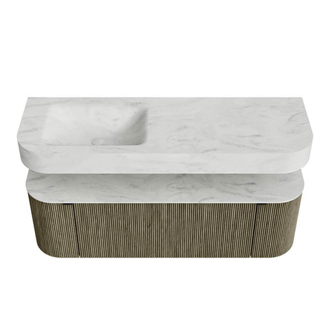 MONDIAZ THOR-DLUX 140cm meuble de salle de bains arrondi gauche + droite couleur Shadow avec 1 tiroir et 2 portes. Vasque suspendue CLOUD Gauche sans trou de robinet couleur Opalo. SW1464202