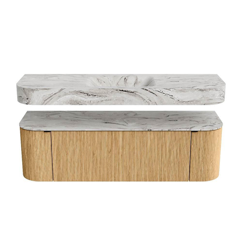 MONDIAZ THOR-DLUX 150cm badmeubel ronding links + rechts kleur Oak met 1 lade en 2 deuren. Vrijhangende wastafel CLOUD Midden zonder kraangat kleur Glace. SW1464641